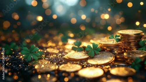 Gold coins scattered among green clovers shining in warm sunlight