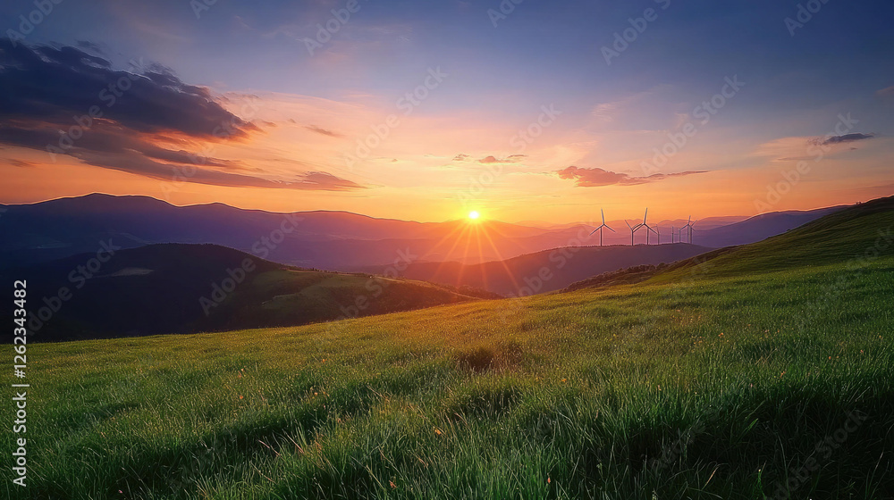 Majestic Sunset Over Rolling Green Hills and Wind Turbines Majestic Sunset Over Rolling Green Hills and Wind Turbines