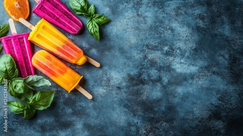 Colorful frozen fruit pops arranged on ice at a summer gathering for refreshi...