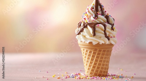 Colorful ice cream cone with sprinkles against a vibrant background