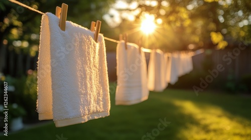 Soft white towels hang on a clothesline during sunset in a tranquil garden se...