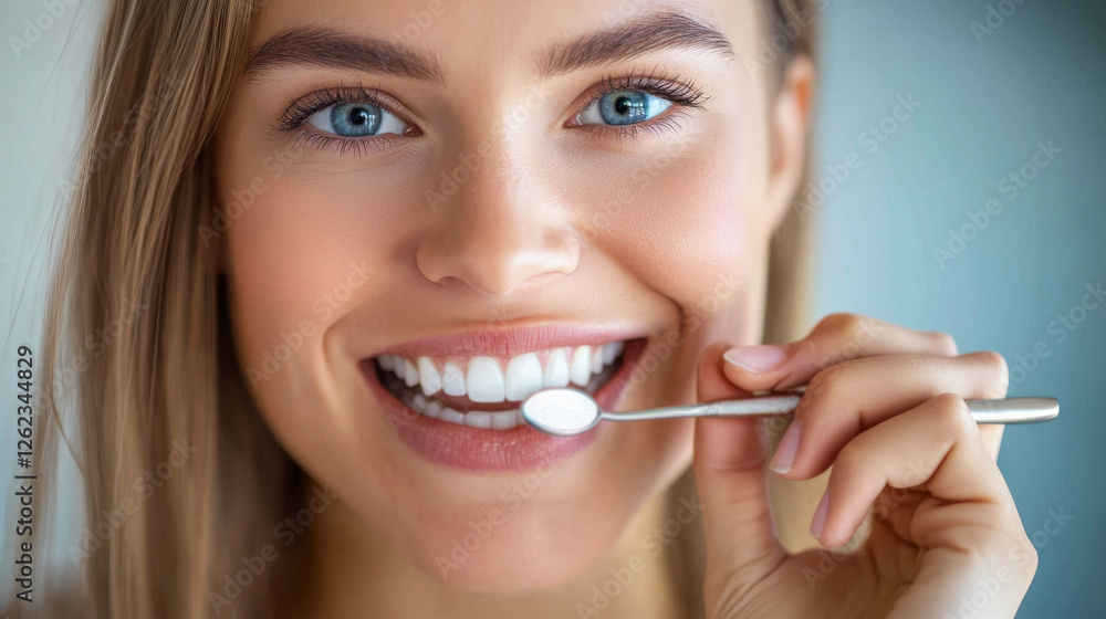 Smiling Woman with Dental Mirror Examining Teeth Smiling Woman with Dental Mirror Examining Teeth