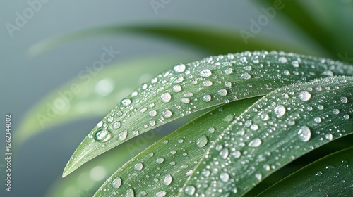 Close up of green plant leaves with water droplets in a serene environment sh...