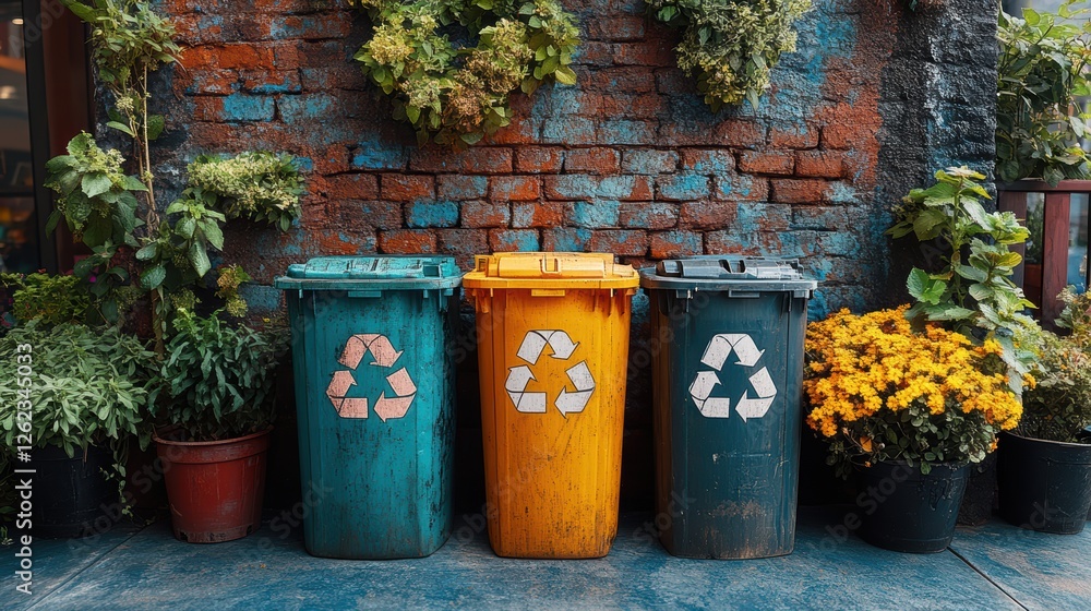 Recycling Bins with Greenery and Urban Background Recycling Bins with Greenery and Urban Background