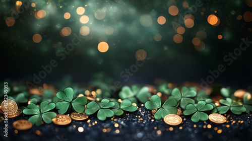 Celebration of St Patrick's Day with gold coins and clovers in a glowing atmo...