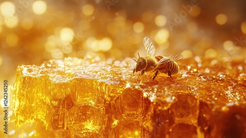 Honey bee gathers nectar while perched on a glistening honeycomb under warm g...