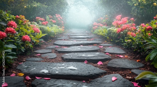 Tranquil garden pathway lined with vibrant flowers during a gentle rain shower
