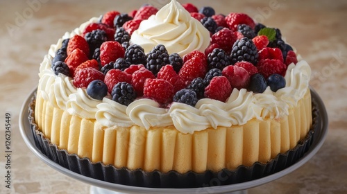 Delicious fruit topped cake garnished with cream and mint on a wooden platter