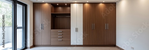 Modern built in bedroom wardrobe with drawers and shelves