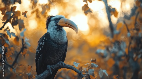 Colorful toucan perched on a branch in a lush forest during twilight hours