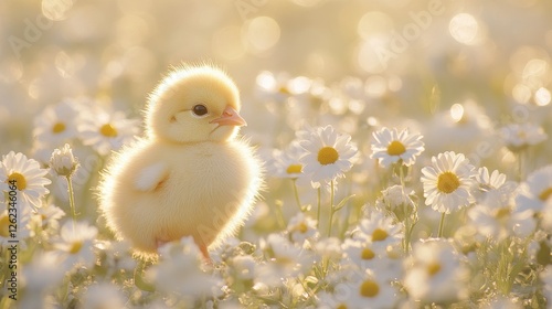 Small chick standing in a field of white flowers during a sunny afternoon