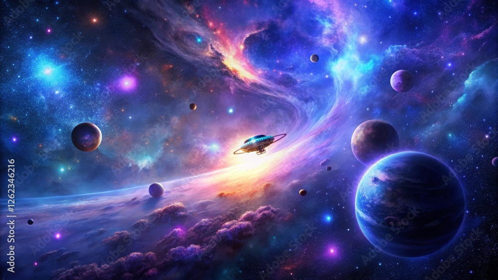 Colorful Cosmic Scene with Planets and Spaceship in Deep Space