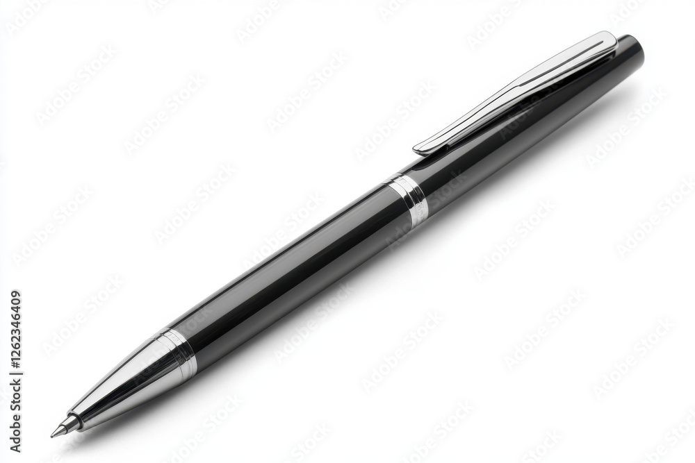 Elegant black ballpoint pen with silver accents, showcasing a sleek design for professional writing. Elegant black ballpoint pen with silver accents, showcasing a sleek design for professional writing.