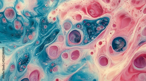Colorful abstract patterns created by fluid art with swirls of pink, blue, an...