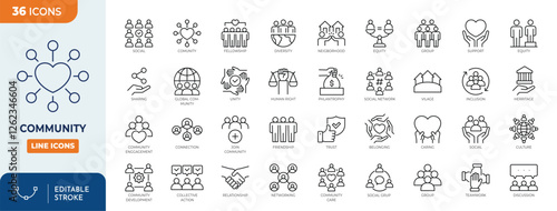 Community line editable icon set. Containing people, friendship, social, diversity, village, relationships, support and more. Vector illustration
