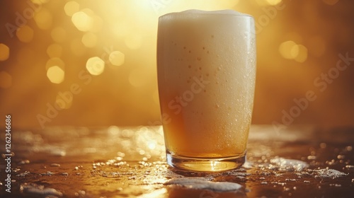 Refreshing glass of golden beer with frothy head illuminated by soft glowing ...