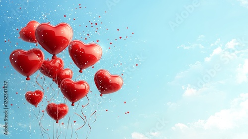 Red heart balloons floating against a bright blue sky with fluffy clouds duri...
