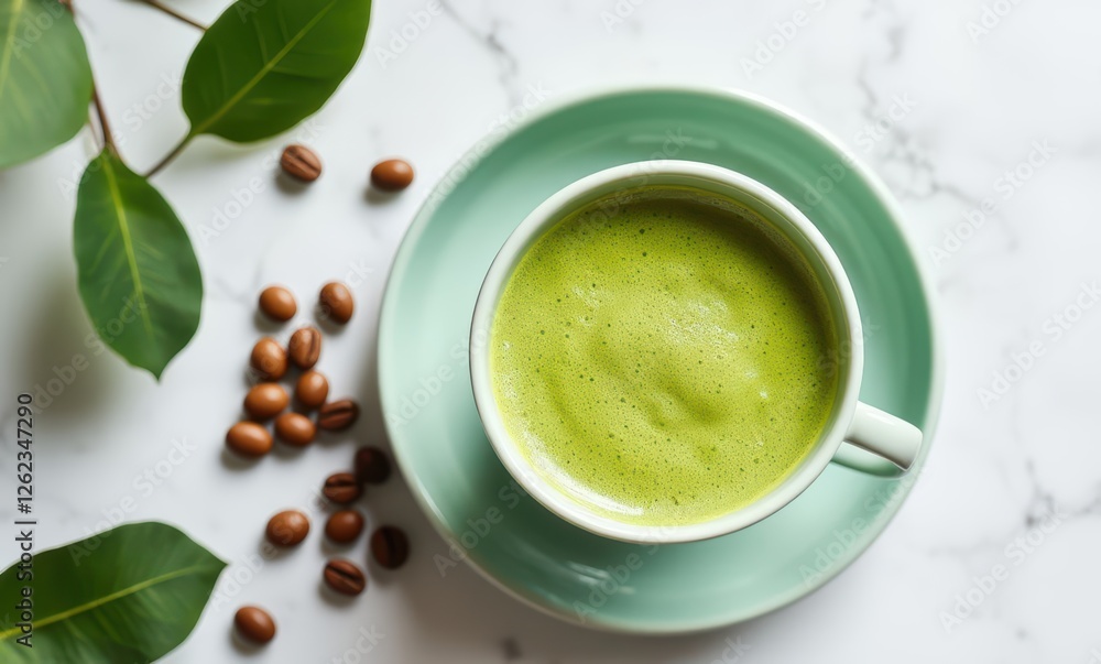 Green matcha latte in a pastel cup Green matcha latte in a pastel cup