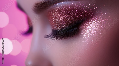 Sparkling lips with glitter makeup in a vibrant bokeh background