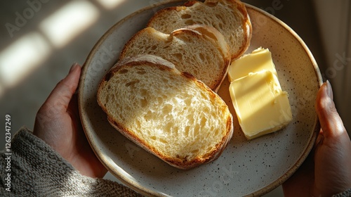 Freshly sliced bread with butter on a serene table by the window with flowers