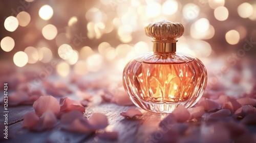 Elegant perfume bottle surrounded by delicate pink flowers in soft light