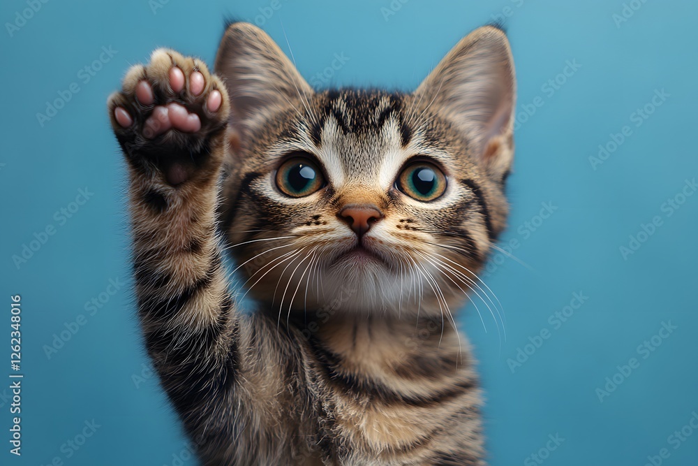 Obraz premium Adorable Kitten Raising Paw Against Blue Background for Pet-Themed Designs