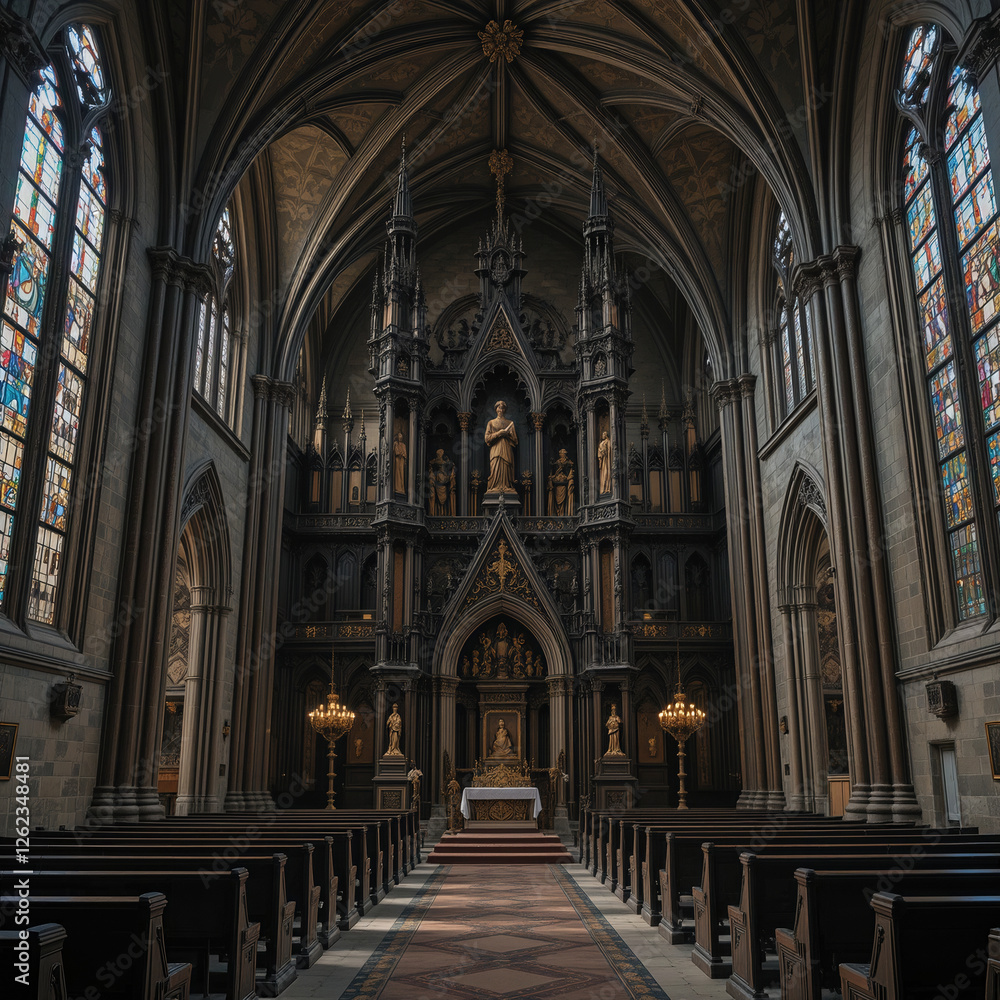 Fototapeta premium Interior view of gothic church with stained glass expressing reverence and tranquility