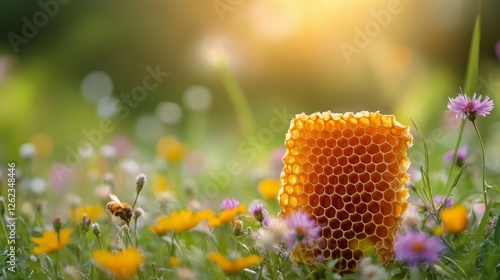 Honeycomb resting in a vibrant flower field at sunset with gentle sunlight il...