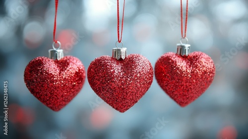 Red glittery heart ornaments hanging on a string for a festive decoration