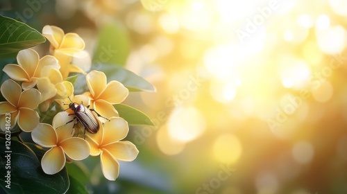 Beetle resting on yellow flowers at sunrise in a garden