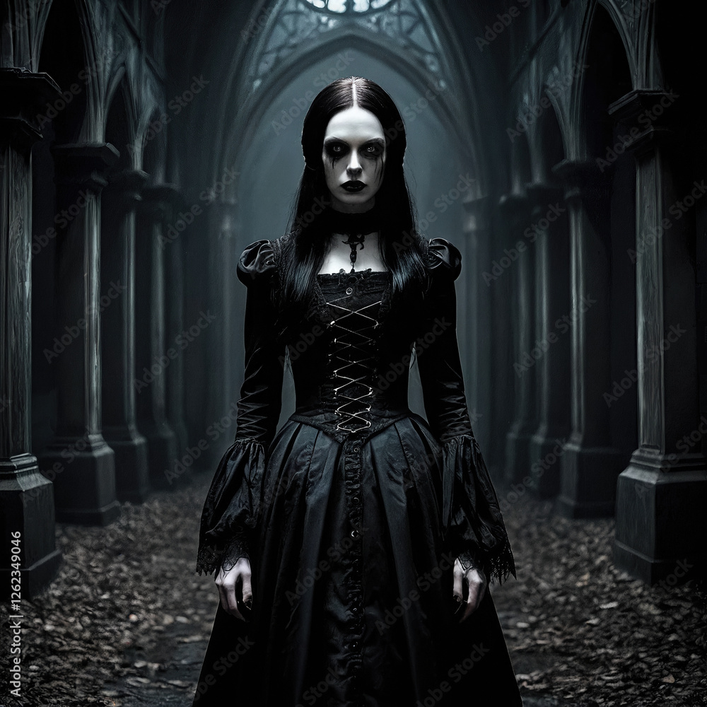Dark gothic woman in long dress walks with sad expression in abandoned church with long aisle and arch columns casting shadows Dark gothic woman in long dress walks with sad expression in abandoned church with long aisle and arch columns casting shadows