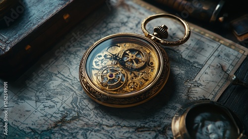 Intricate vintage pocket watch displayed on an antique map with gears and mec...