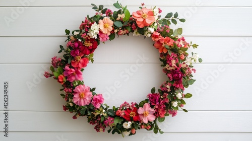 Colorful floral wreath resting against a rustic wooden background for seasona...