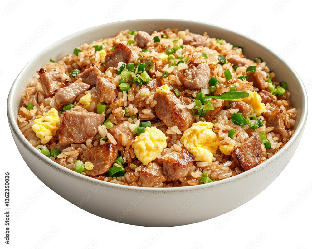 bowl of pork fried rice with scrambled eggs and scallions, showcasing delicious mix of flavors and textures. Perfect for hearty meal or side dish bowl of pork fried rice with scrambled eggs and scallions, showcasing delicious mix of flavors and textures. Perfect for hearty meal or side dish