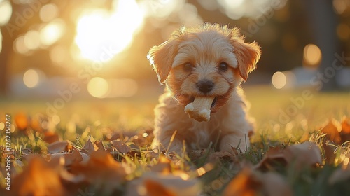 Playful puppy enjoys a sunny day in a vibrant meadow with a bone in its mouth