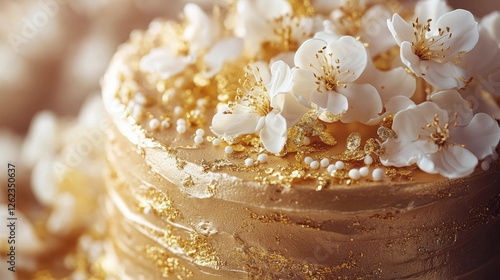 Elegant cake adorned with gold accents and delicate white flowers for special occasions