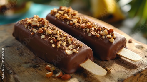 Chocolate ice cream bar topped with nuts on a vibrant blue background