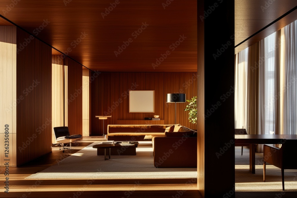 Fototapeta premium Modern living room with wood panels, sunlight and minimalist furniture in home