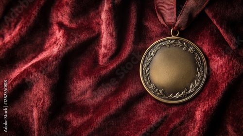 Medal resting on a rich red fabric background highlighting achievement and re...