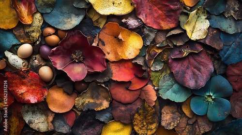 A close-up of decomposing organic materials, from eggshells to banana peels and autumn leaves, the vibrant colors of decay creating a textured and visually rich composition,