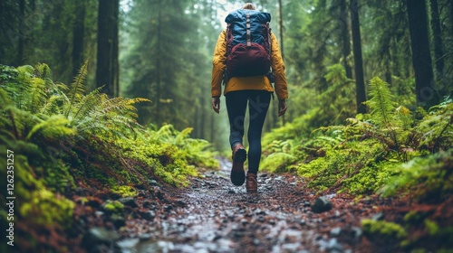 Hiker navigating a muddy trail through a lush green forest during daytime adv...