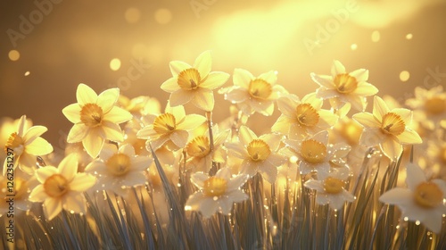 Bright daffodils in a warm glow celebrate springtime beauty in a vibrant outd...