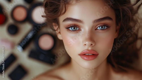 Stunning close-up portrait of model with dramatic makeup surrounded by vibran...