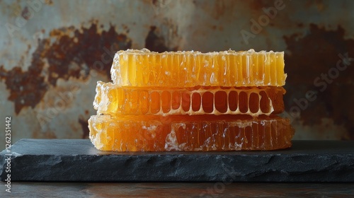 Honeycomb stacks on a dark stone surface against a rustic backdrop