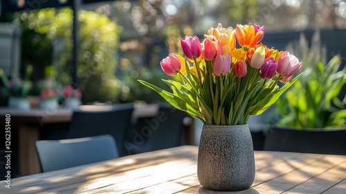 Vibrant bouquet of pink and orange tulips on outdoor table in sunny garden se...