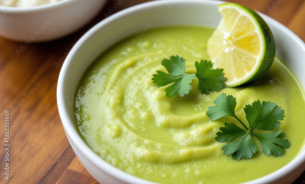 Fresh green soup garnished with lime and herbs Fresh green soup garnished with lime and herbs