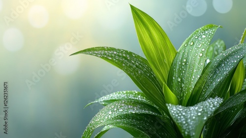 Close up of green plant leaves with water droplets in a serene environment sh...