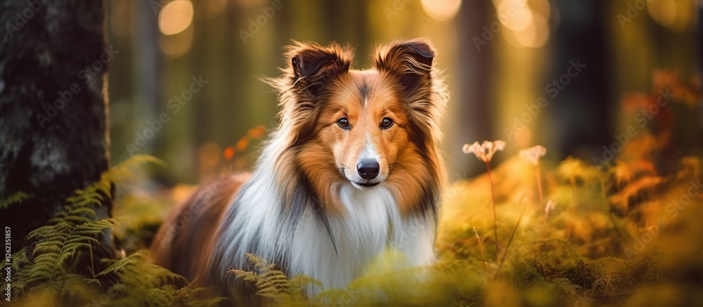 Naklejka premium Beautiful Shetland Sheepdog Surrounded by Autumn Forest Colors