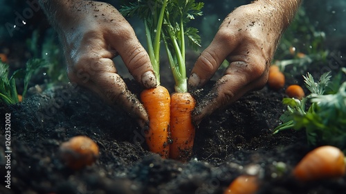 A close-up shot of hands gently pulling carrots from the soil, dirt crumbling around the roots, the freshness and raw beauty of organic farming captured in rich, detailed textures. --ar 16:9