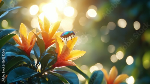 Beetle resting on yellow flowers at sunrise in a garden